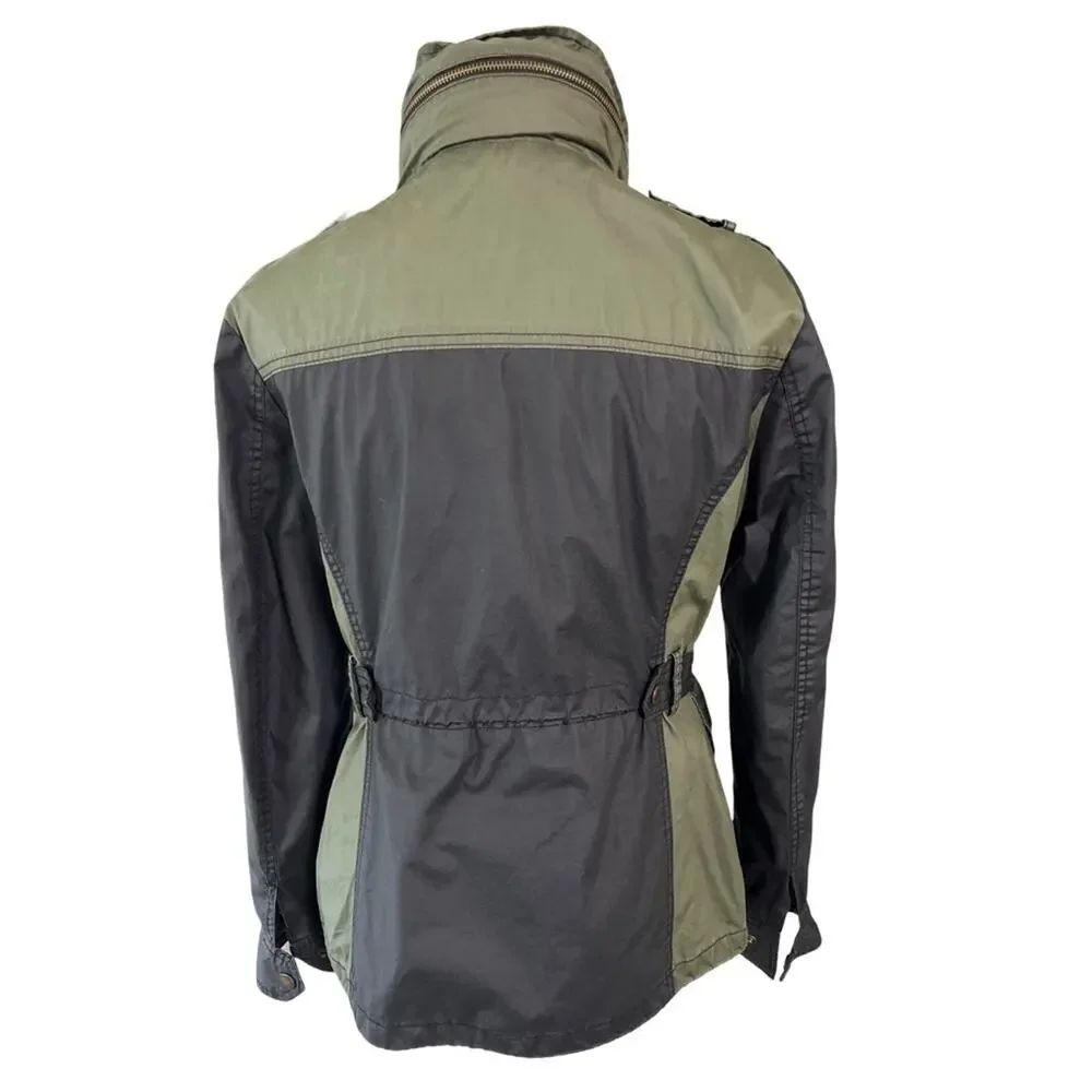 Michael Kors Green Black Utility Jacket Women’s Small Canvas Zip Hooded Casual